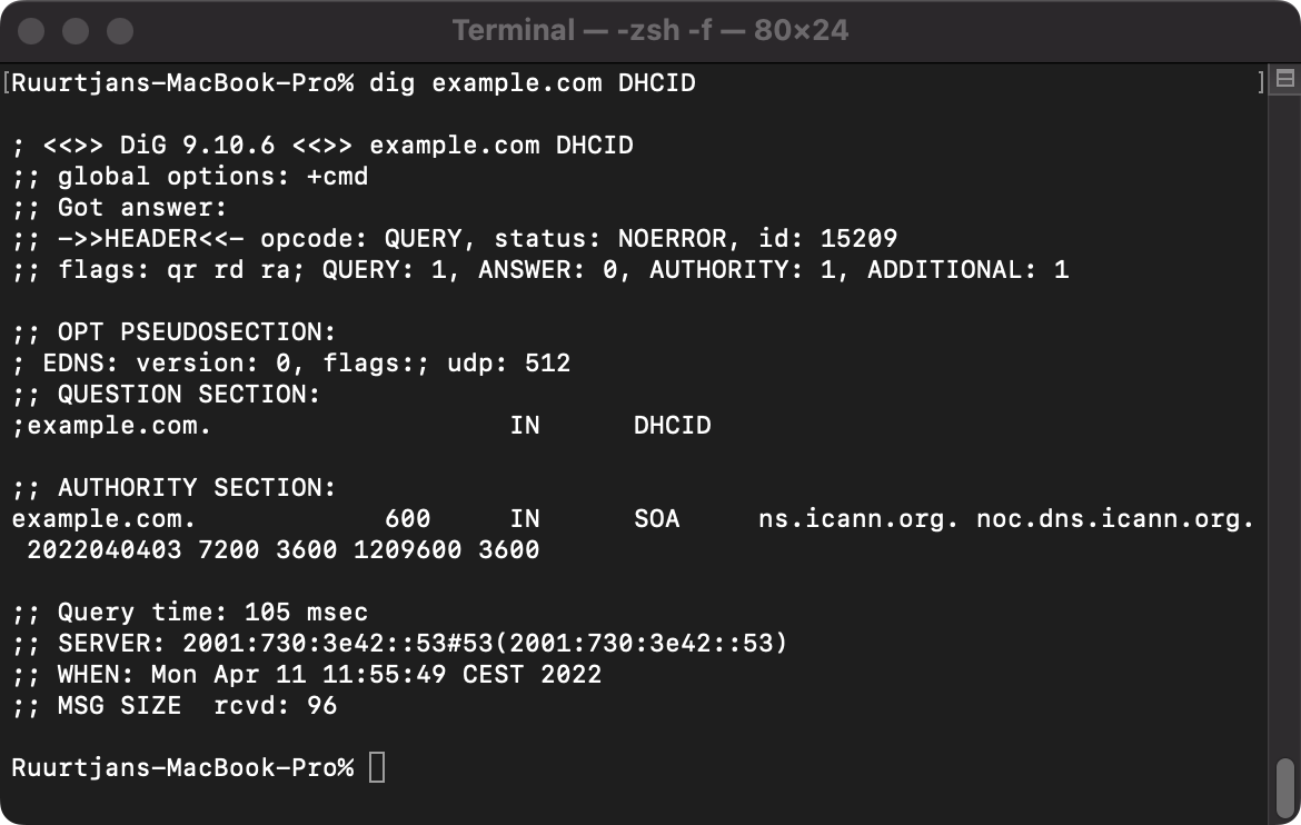 Example output of a DHCID lookup query